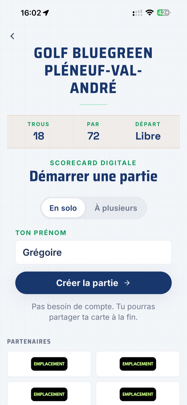 Écran de connexion à la partie, aux couleurs du golf