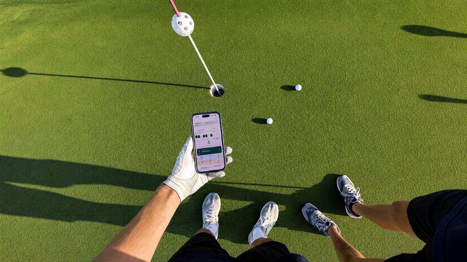 Sur le green d'entraînement, trois golfeurs autour du téléphone qui affiche la carte de score