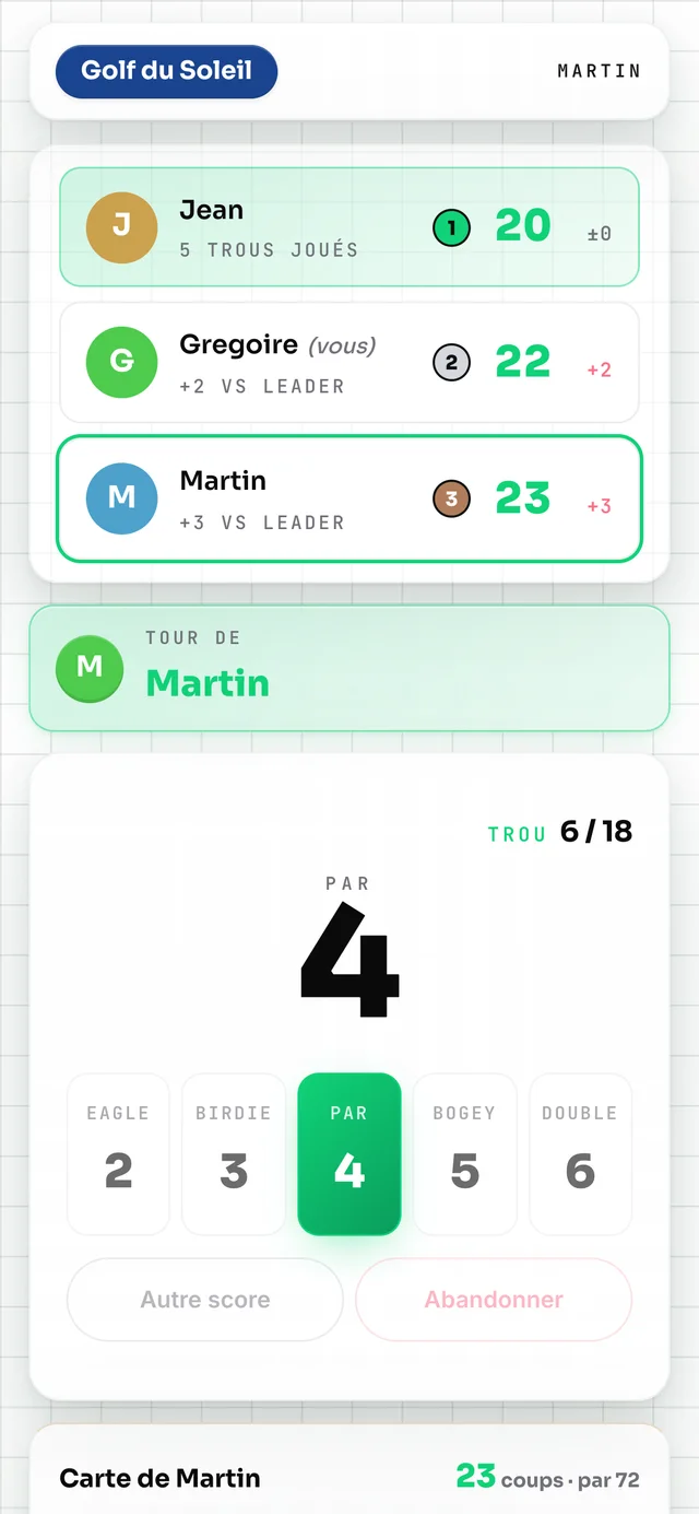 Écran de saisie de score de l'app Scluba